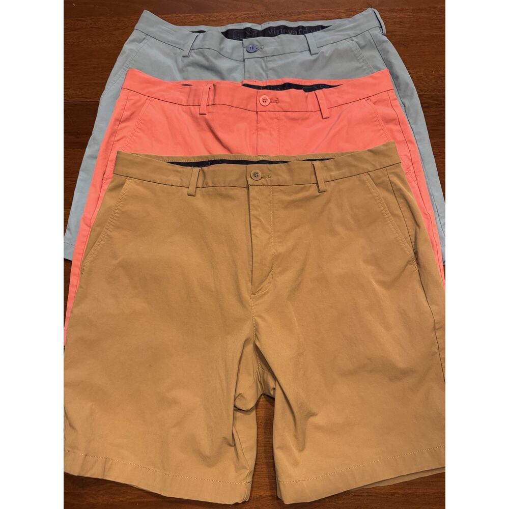 Lot Of 3 Vineyard Vines Performance Shorts Blue Tan Pink 8 Inch Solid